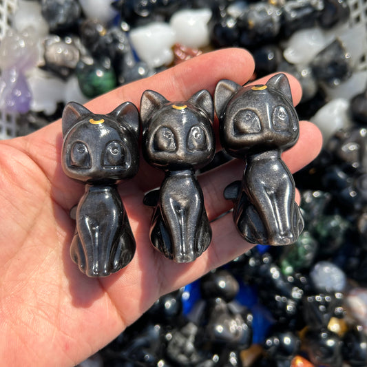 Sliver obsidian moon cat carving